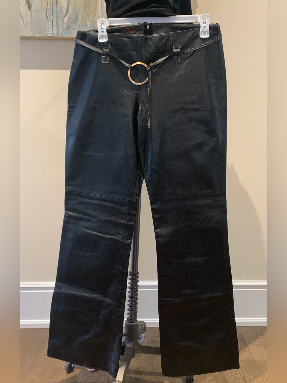 Women’s Black Leather Straight -Leg Pants with Ring Belt